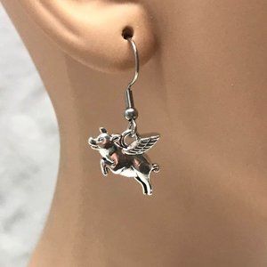 Flying Pig Silver Tone Hook Earrings